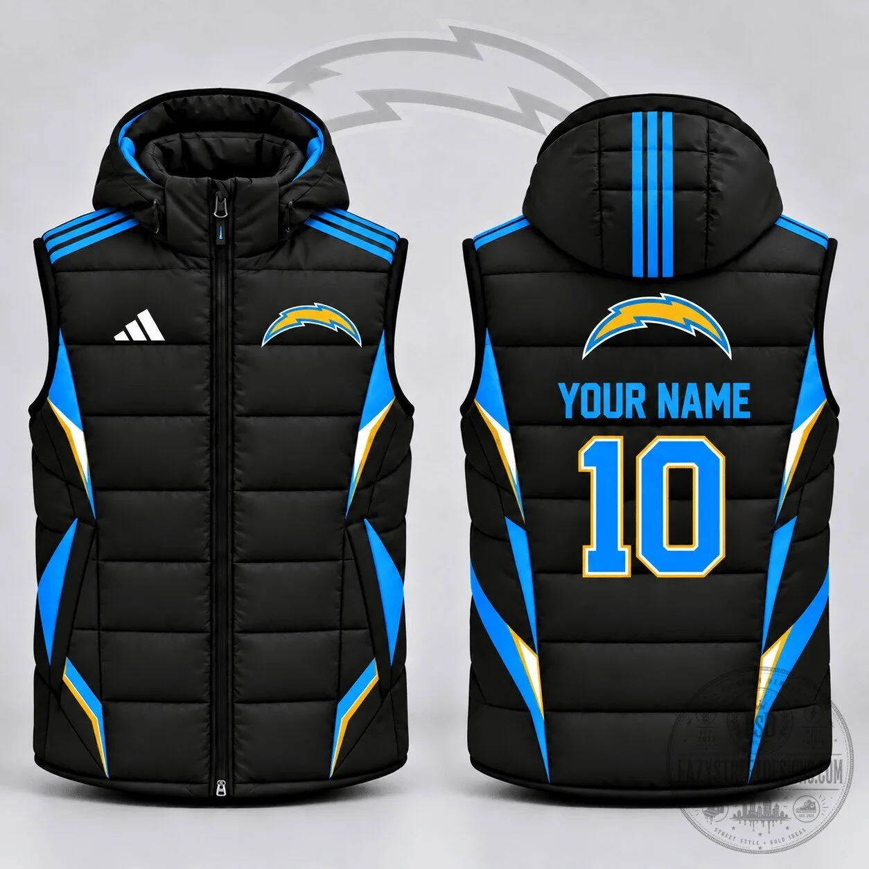 Los Angeles Chargers Custom Name Number Athletic Stripe Hooded Puffer Vest Jacket