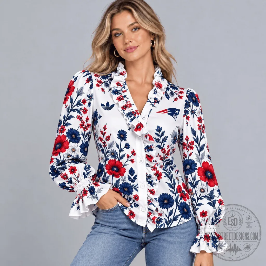 New England Patriots Floral Ruffle Neck Long Sleeve Blouse for Women New England Patriots Floral Ruffle Neck Long Sleeve Blouse for Women