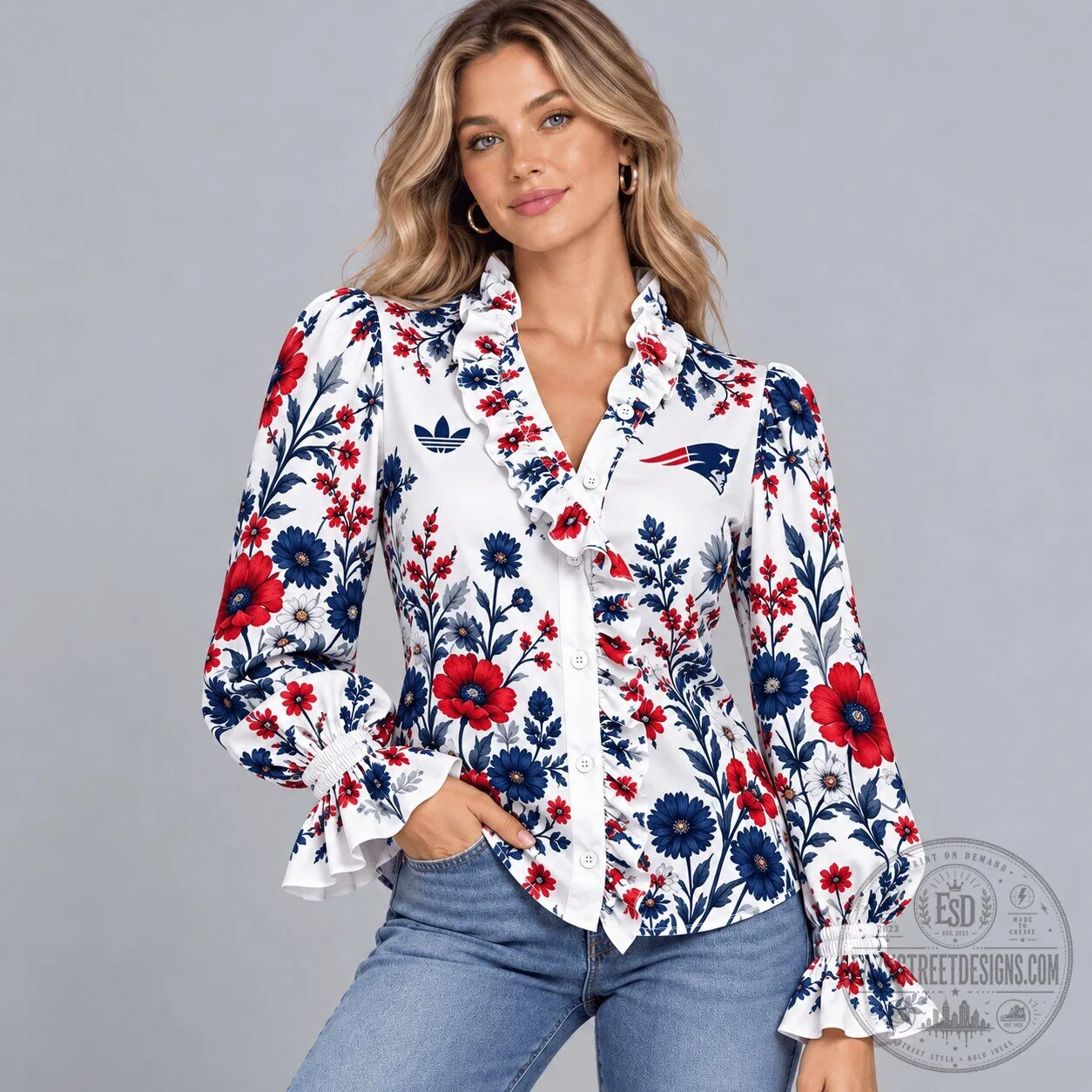 New England Patriots Floral Ruffle Neck Long Sleeve Blouse for Women 5 New England Patriots Floral Ruffle Neck Long Sleeve Blouse for Women