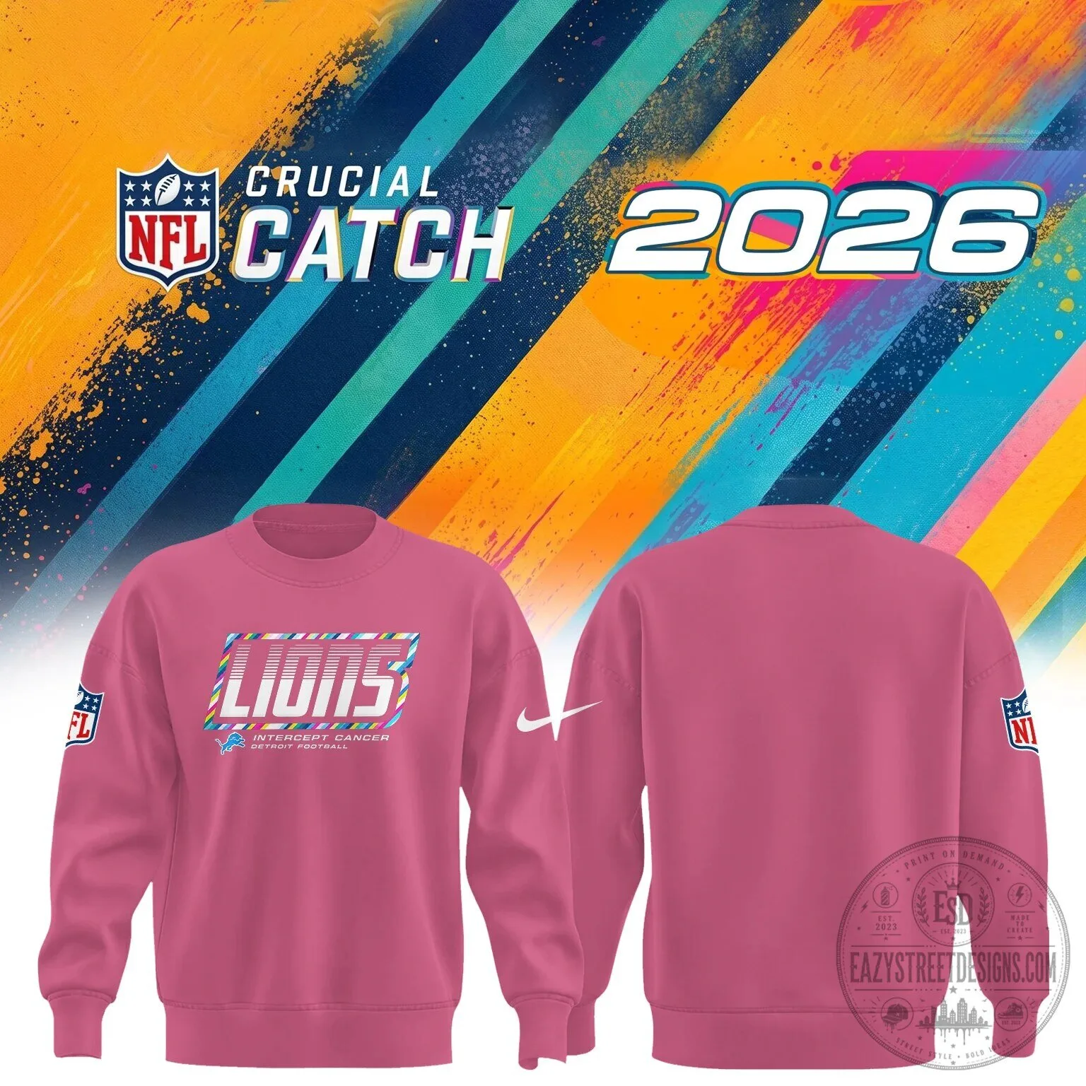 Detroit Lions NFL Crucial Catch Intercept Cancer 2026 Pink Sweatshirt
