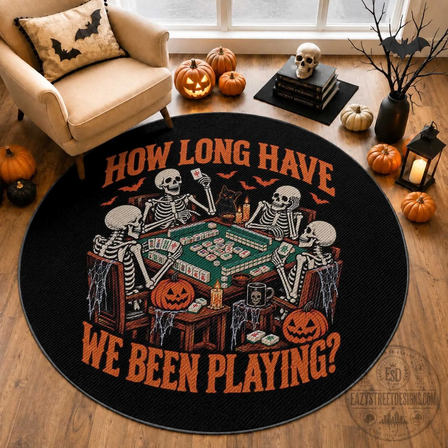 Halloween Skeleton Playing Mahjong Round Rug How Long Have We Been Playing 4 Halloween Skeleton Playing Mahjong Round Rug How Long Have We Been Playing