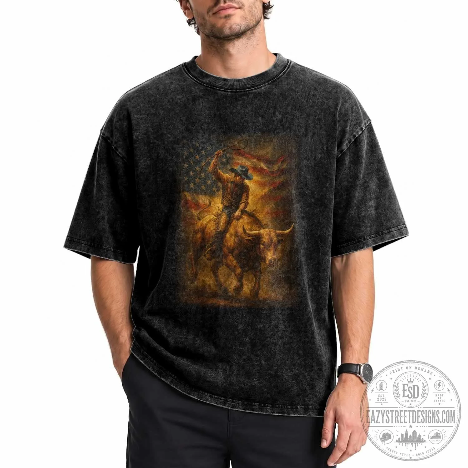 American Flag Bull Rider Shirt Patriotic Cowboy Rodeo Art Washed Cotton T-Shirt