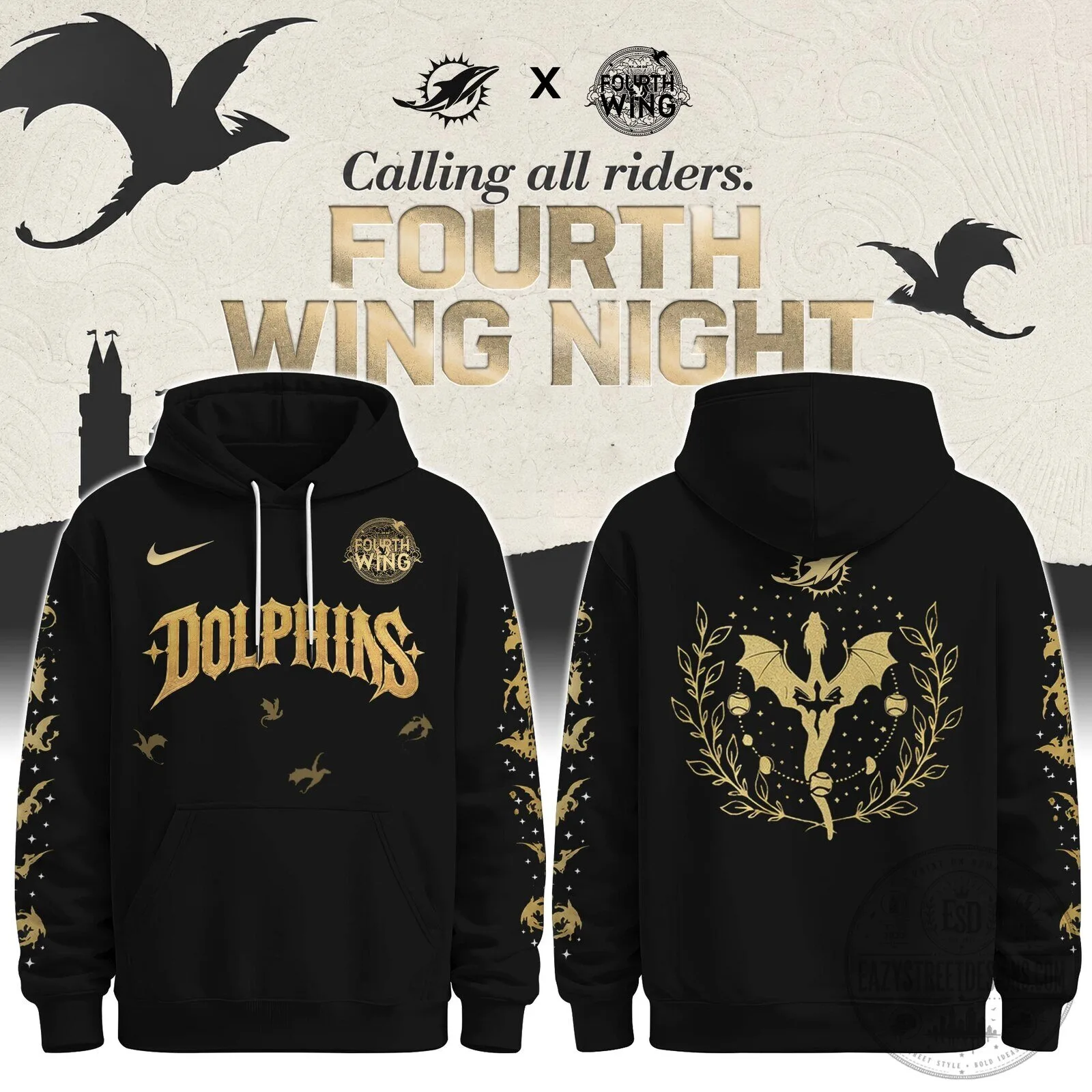 Miami Dolphins Fourth Wing Night Golden Dragon Riders Black Hoodie