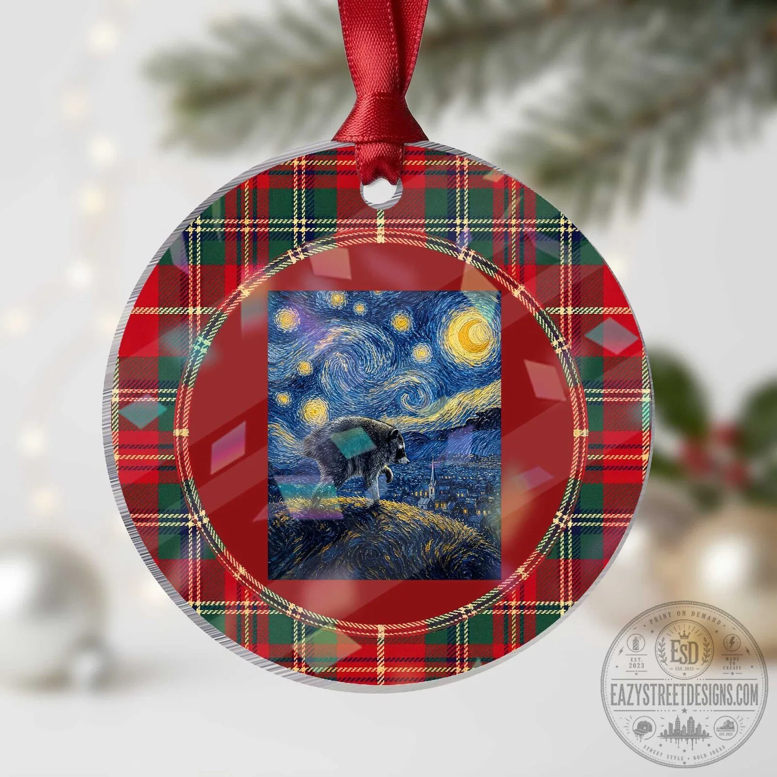 Starry Night Raccoon Parody Christmas Tree Holiday Ornament