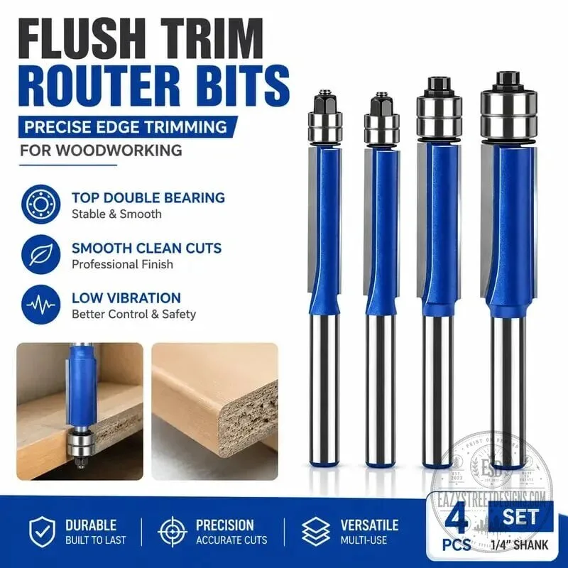 Flush Trim Router Bit Set with Dual Bearings for Precise Woodworking Edges