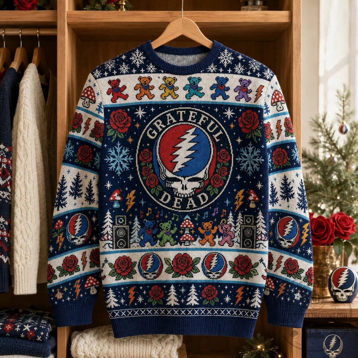 Dancing Bears Ugly Christmas Sweater with Grateful Dead Steal Your Face Design